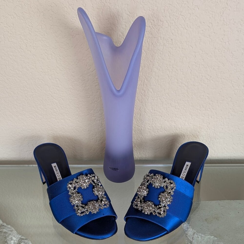 Manolo Blahnik NWT Marta Blue Satin Slide With Crystal-Embellished Buckle